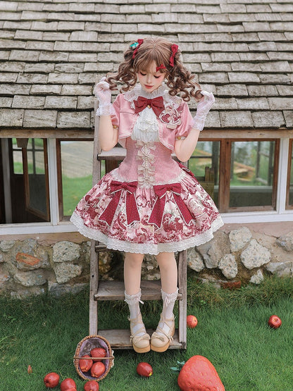 Floral Print & Bowknots Lolita Dress + Bolero Set - Strawberry Fantasy - Unknown Star