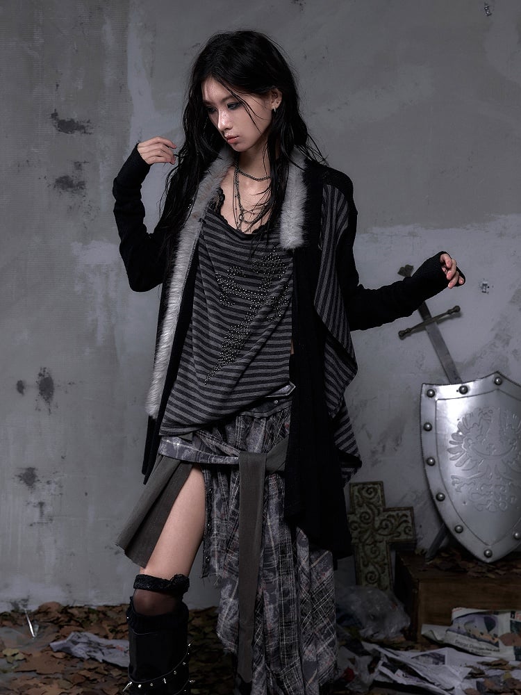 with Two Black Striped Piece Faux Vintage  Lining Cross Rhinestone Punk Top Back Applique