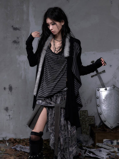 with Two Black Striped Piece Faux Vintage  Lining Cross Rhinestone Punk Top Back Applique