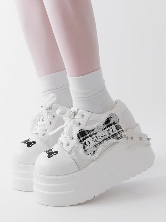 White Punk Bone Applique Silver-tone Studs Platform Shoes