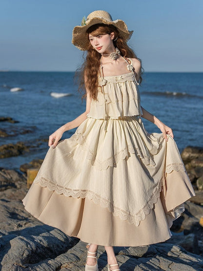Beige Irregular Lace High-Waist Pleated Skirt - With PUJI