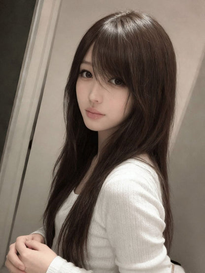 60cm Long Straight Wig with Side-swept Bangs - Hui Ran