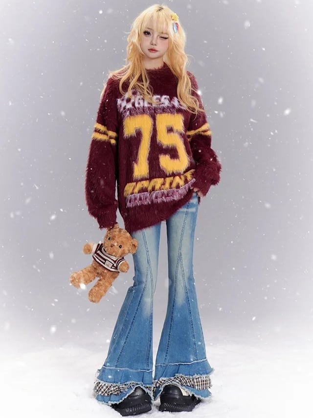 Blaue Fischschwanzjeans mit Patchwork-Bündchen und Karomuster