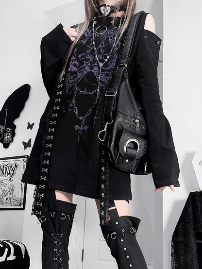 ショルダープリント ブラックパープル カットアウトトップ エモ スケルトン パンク レター ロングスリーブ