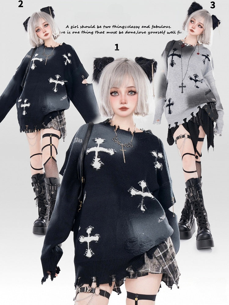 Y2K ブラック/グレー クロスシェイプ ダメージ加工 ホールズ ラウンドネック セーター