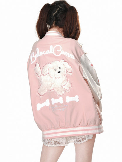 背中にブルー/ピンクのかわいい子犬のアップリケが付いたベースボールジャケット