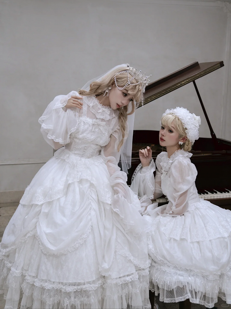 White Basque Waist Shiro Dress Drawstring Skirt Hanayome Lolita Long Sleeves One Piece