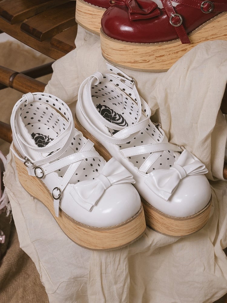 Accents Round Heels Bow Version Middle Sweet Buckle Platforms Straps White - Toe