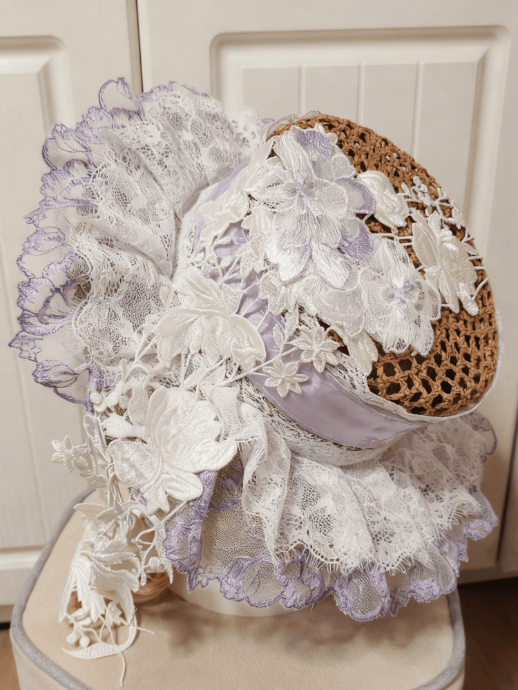 2 Lace Cluster Options Detail White-Purple Hat Straw Lolita Floral