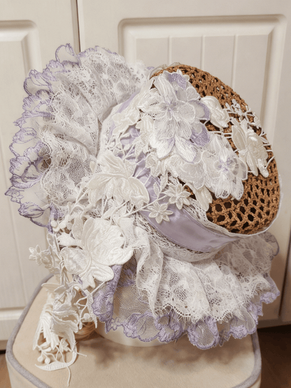 2 Lace Cluster Options Detail White-Purple Hat Straw Lolita Floral