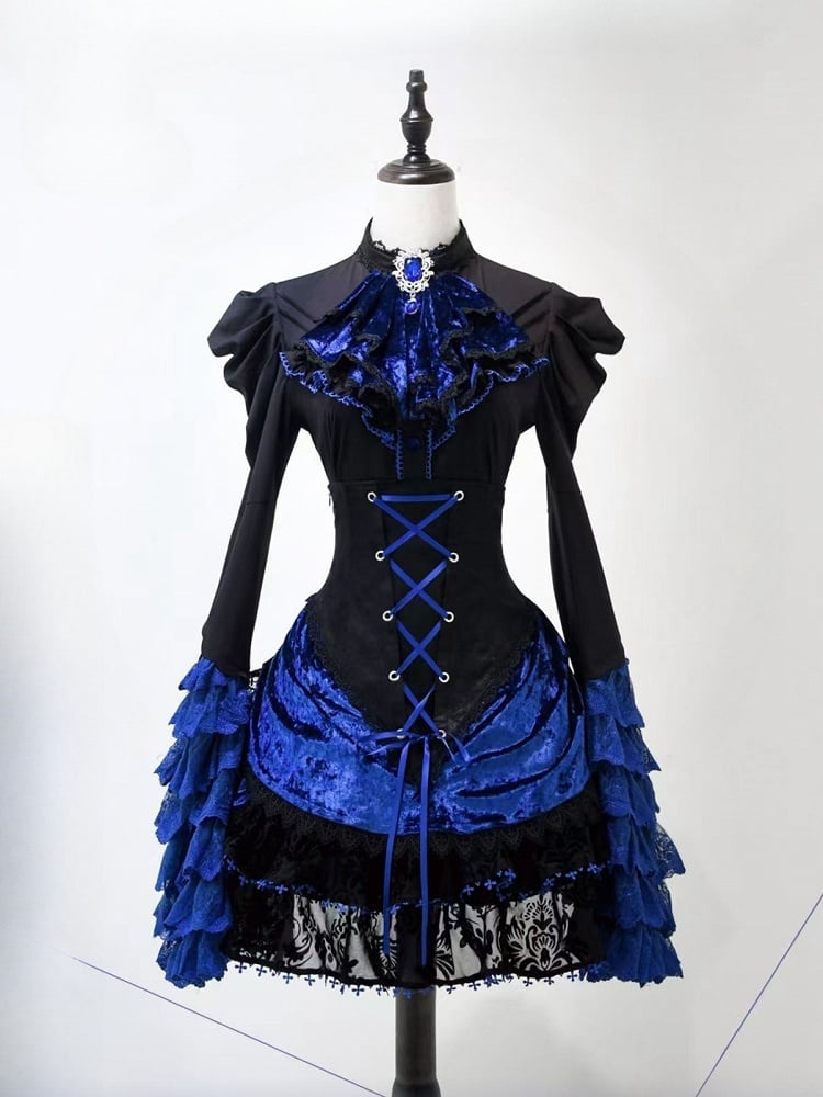 Boned Lolita Waist Tie Shirt Skirt Set Hat Black Gothic Jabot Long Sleeves High + - and Mini Blue Bell Klein Full