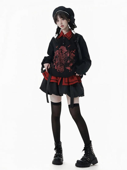 and Anime Graffiti Print Techwear-Style Straps with Girl Letter Snap Detachable Black/White Sweatshirt