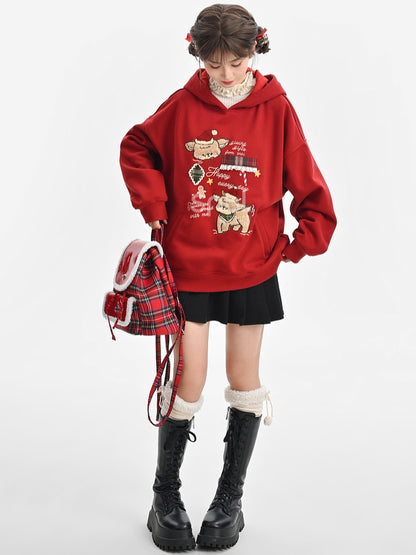Christmas Red Cute Reindeer Appliques Thick Hoodie