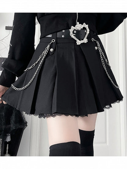 Metal ChainsCross Gothic Studded Motif Black Side PUBelt Lace Hem+Black Skirtwith