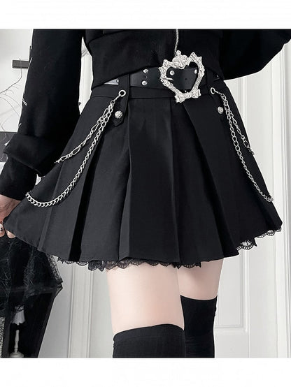 Motif Black Gothic ChainsCross Metal Hem Lined Skirtwith Lace Side
