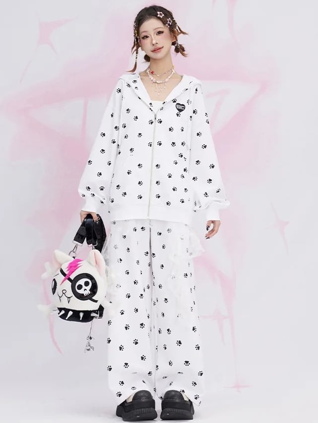 White Cat Paws Allover Cat Ears Design Spring Zip Hoodie