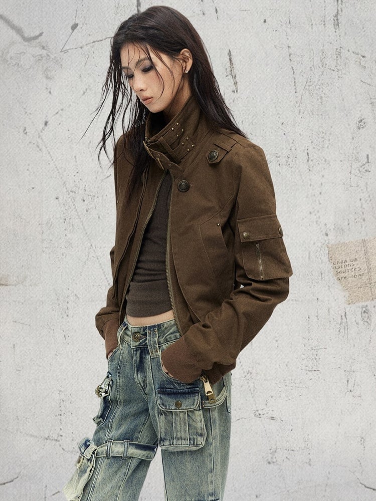 Khaki - Neck Cinching Jacket Vintage Mock Waist