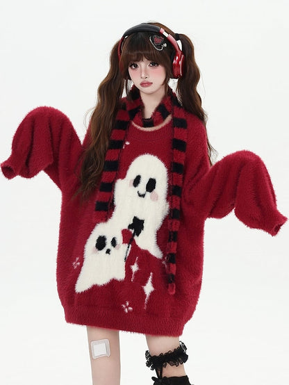Ghost Sweater Pattern Scarf Striped with Pink/Black/Red Kawaii