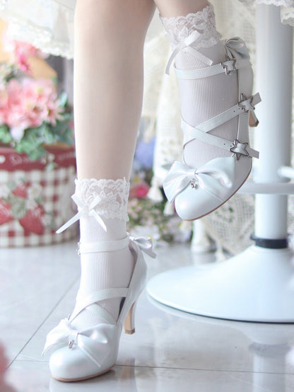 Star High White Sweet Lolita Schnallen Crisscross Straps mit - Akzente Heels Schleife