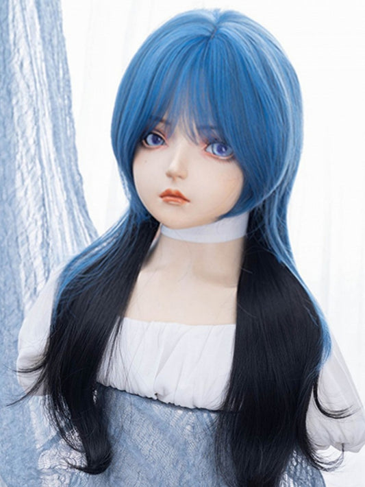 Schwarze, hüftlange, gewellte Perücke mit blauem Pony, 65 cm