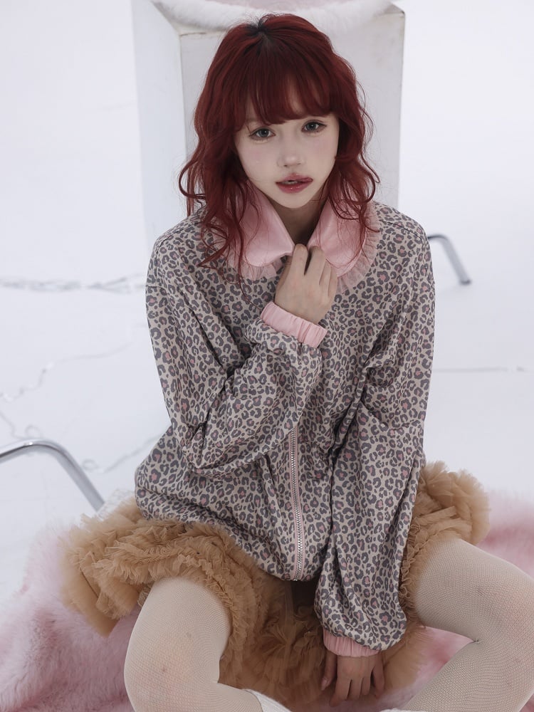 Collar Lace Jacket Leopard Pan and Print Peter Trim Zip-Up with