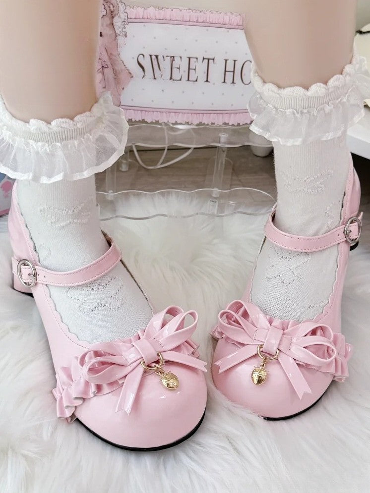 Scalloped Charm Toe and Hem Design with Round White Sweet PU Strawberry Lolita Mid-heel Shoes Bow