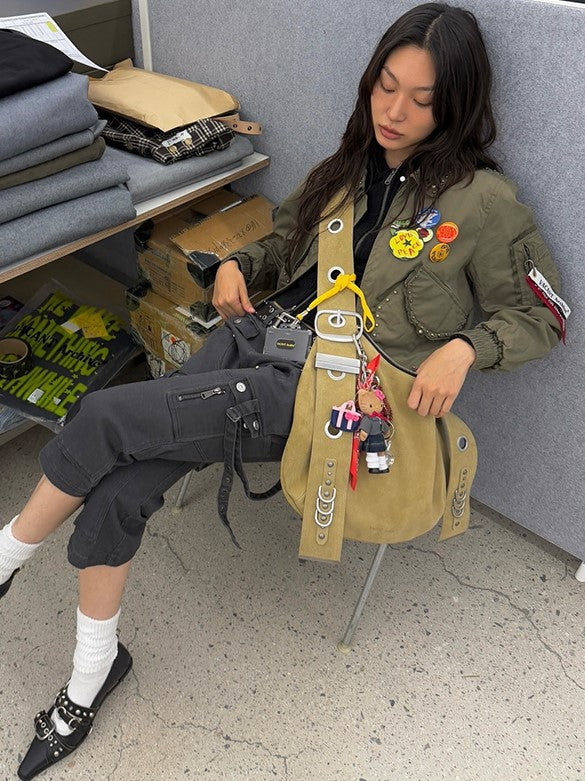 Chic Brown Punk Tote Bag With Adjustable Strap Crescent