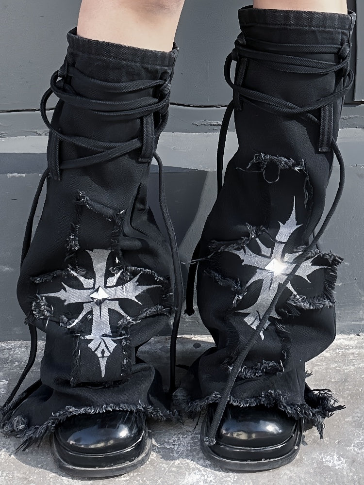 with Raw Hem Detail Lace-up Glamorous Leg Warmers Y2K Black Denim Cross Applique