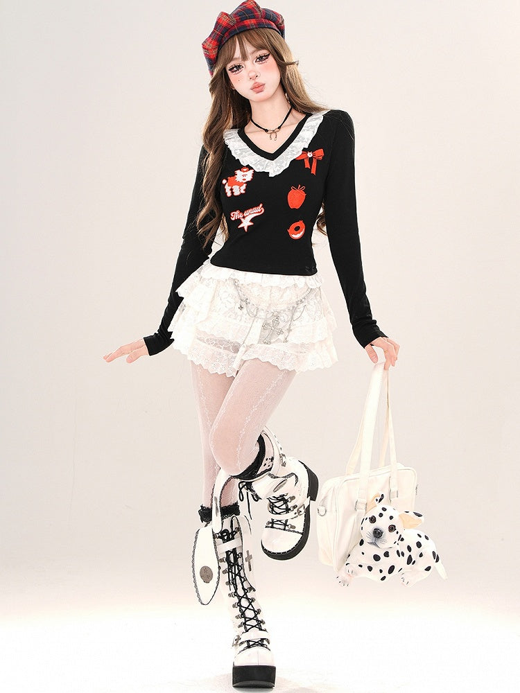 Schwarz/Graues Cartoon-Top mit V-Ausschnitt und Spitzenbesatz