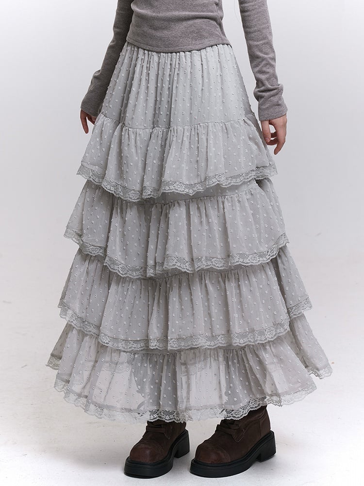 Length Tea Trim Chiffon Blue Mesh with White/Black/Light Tiered Lace Skirt