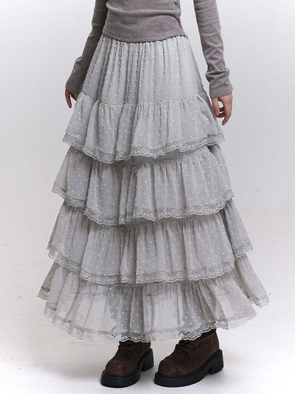 Length Tea Trim Chiffon Blue Mesh with White/Black/Light Tiered Lace Skirt