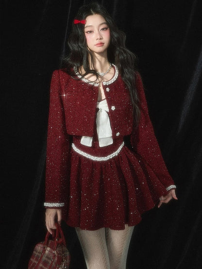 Weihnachtsrotes Tweed-Unterkleid mit Schleife und Perlendetails