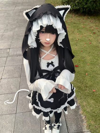 with Tiered Hat Cute Dress Ear Apron Detail Cat Alternative Suspender Black Detachable