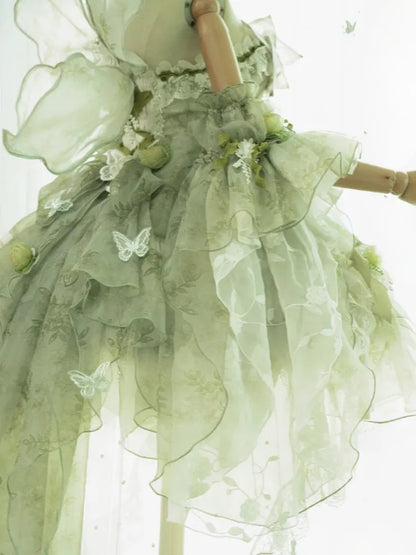 Set Decorated Princess Fairy Dress Flowers Lolita Butterfly JSK Light Full Green Forest
