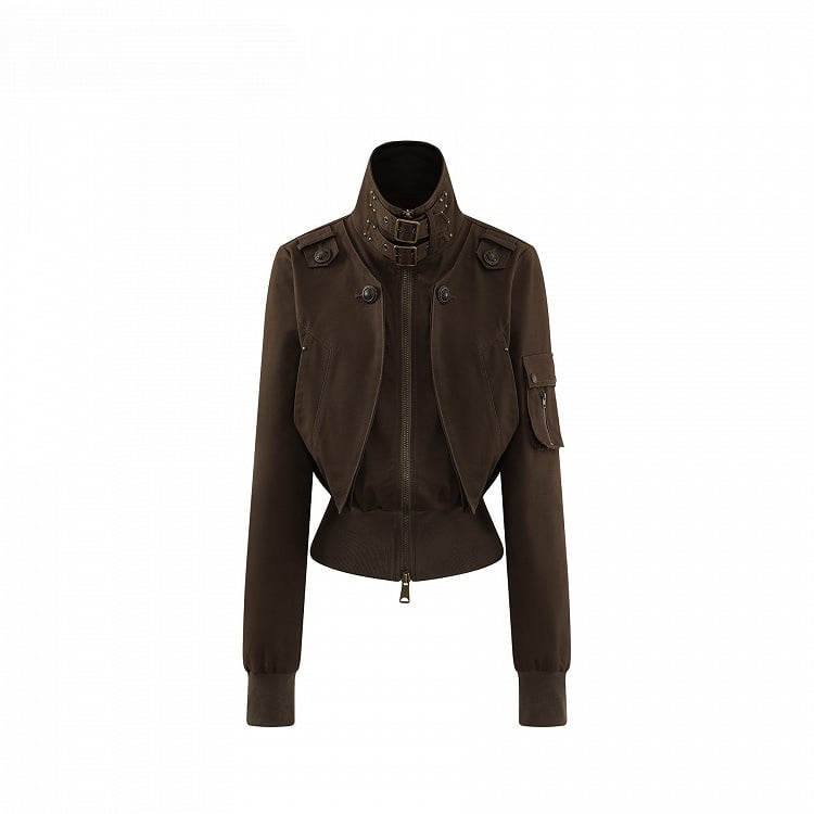 Khaki - Neck Cinching Jacket Vintage Mock Waist
