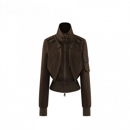 Khaki Cinching Vintage Jacket Fleece Lining Waist - Mock Neck
