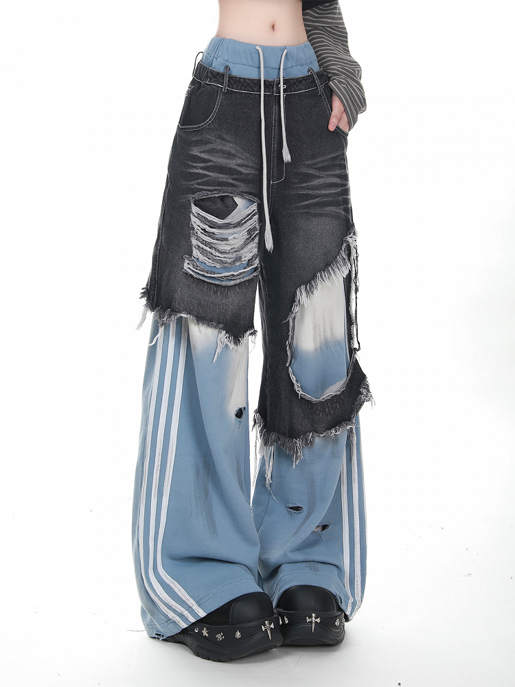 with Pants Jeans Two-Piece Waist Faux Drawstring Blue Patched Distressed