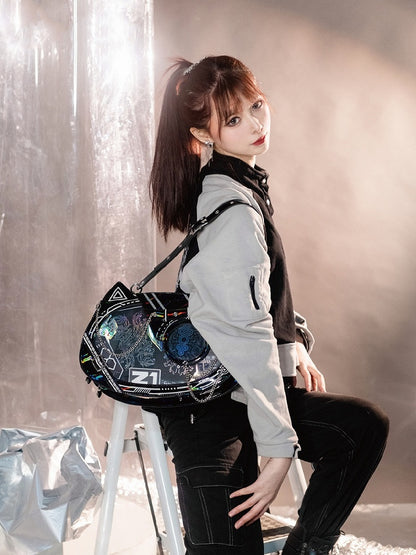 Futuristic Cyberpunk Cat Ita Bag Black Silver - Daylight