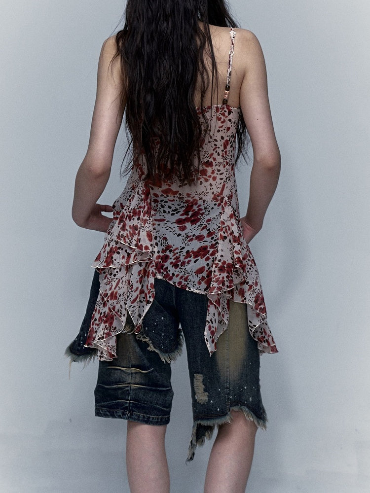 Handkerchief Floral Hem Slip and Lace Red Trim Dress Punk Y2K Print with