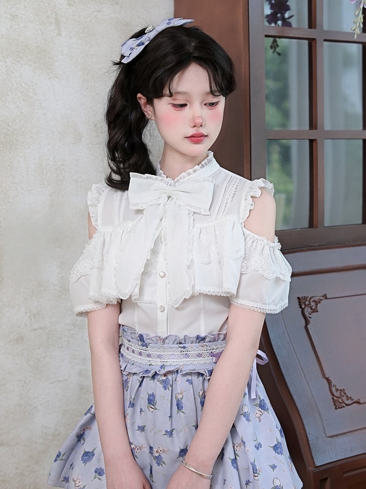 Bow White Open Shoulder Big Neckline Chiffon Blouse