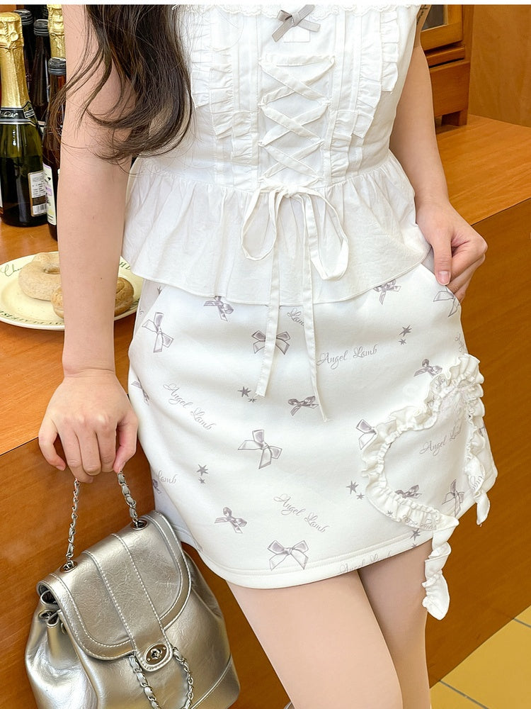 Bowknot Print White Skirt Heart Ruffled