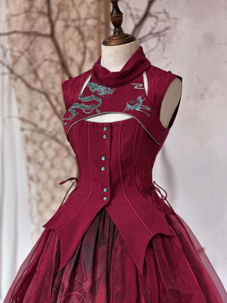 Red Gothic Dragon Embroidery Sleeveless Top Cutout Detail