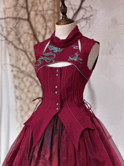 Red Gothic Dragon Embroidery Sleeveless Top Cutout Detail