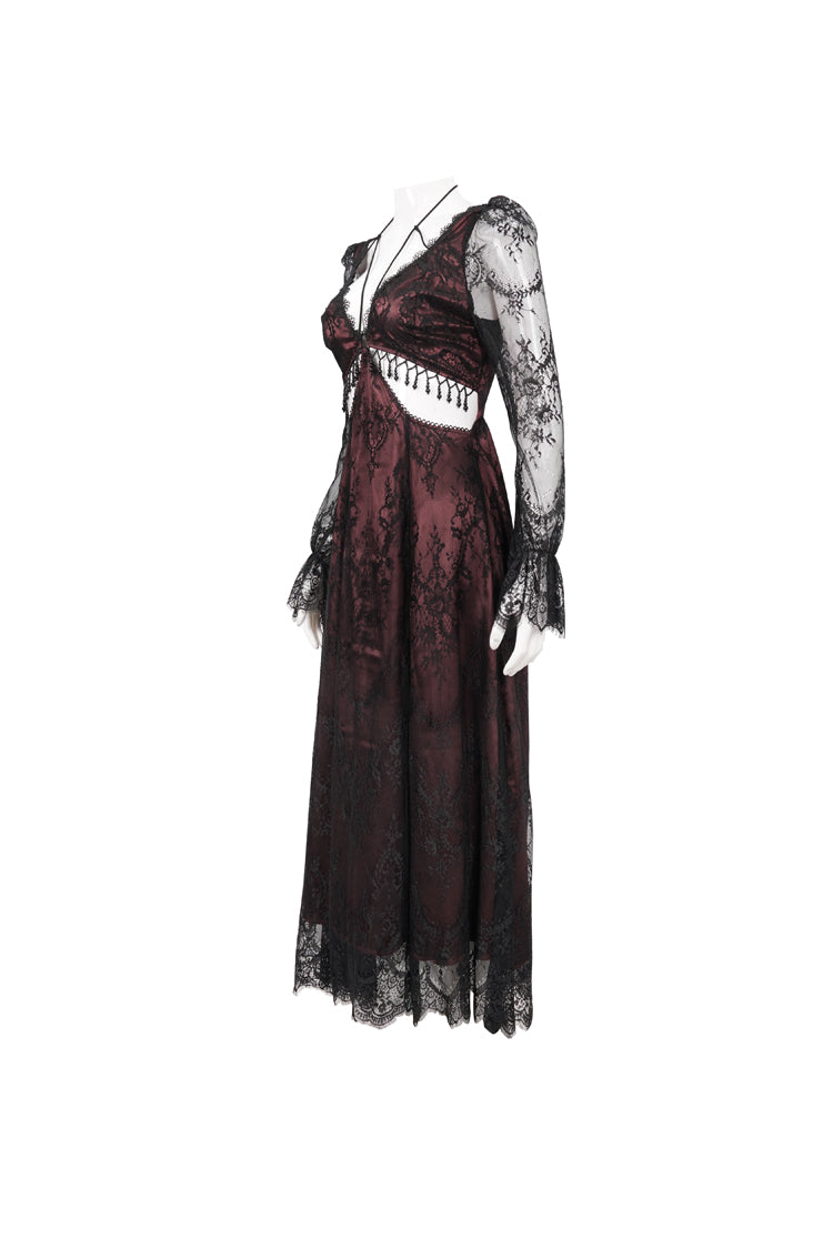 Red Lace Applique Adjustable Waist Cutout Women's Gothic Dress