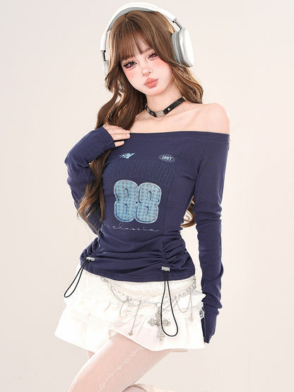 Königsblaues, schulterfreies Top mit Zahlendruck und verstellbarem Kordelzug in der Taille