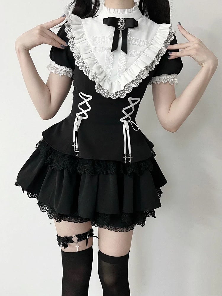ショートフリルブラックスリーブホワイトネックラインゴシッククロスレースアップチャームドレスロリータ