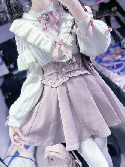 Soft Lace Top: in Faux White Jirai Kei Knit Criss-Cross Shoulder Pink Cutouts Sleeve Style Mink