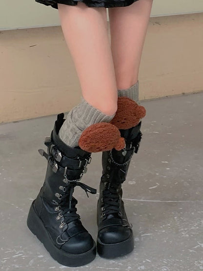 ホワイト/カーキ/ライトグレー/コーヒーのニットレッグウォーマー（子犬のぬいぐるみ付き）