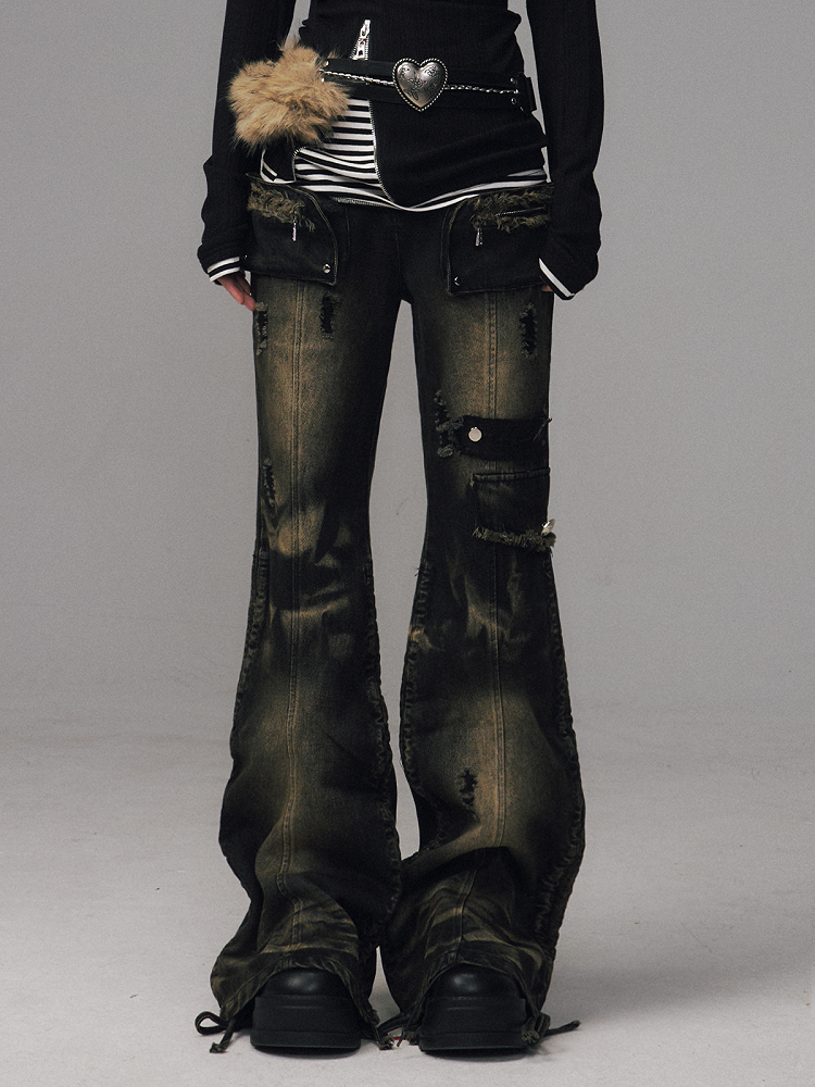 Pocket Vintage Jeans Black with Washed Patch Flare