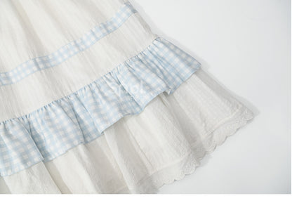 ホワイトハイウエストレーストリムスウィートスカートチェック柄パッチワーク